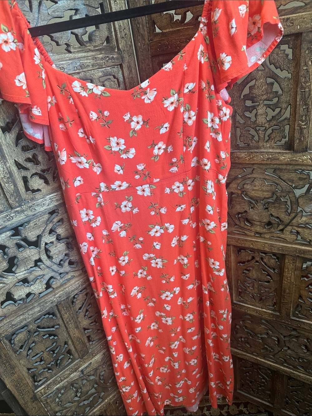 Old Navy Coral Red Floral Off-Shoulder Midi Dress